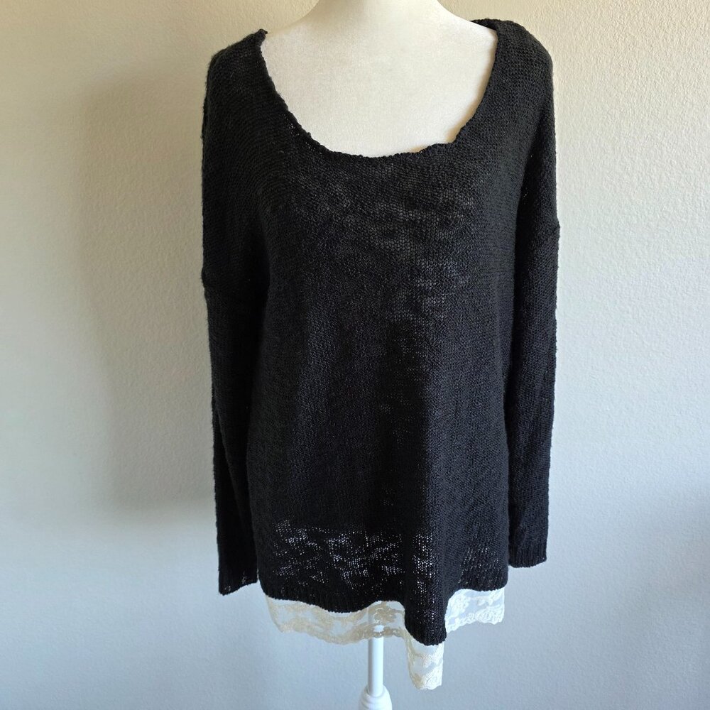 NEW Hippie Rose Lightweight Mesh Sweater Black Ivory Lace Hem Long Sleeve Sz XL